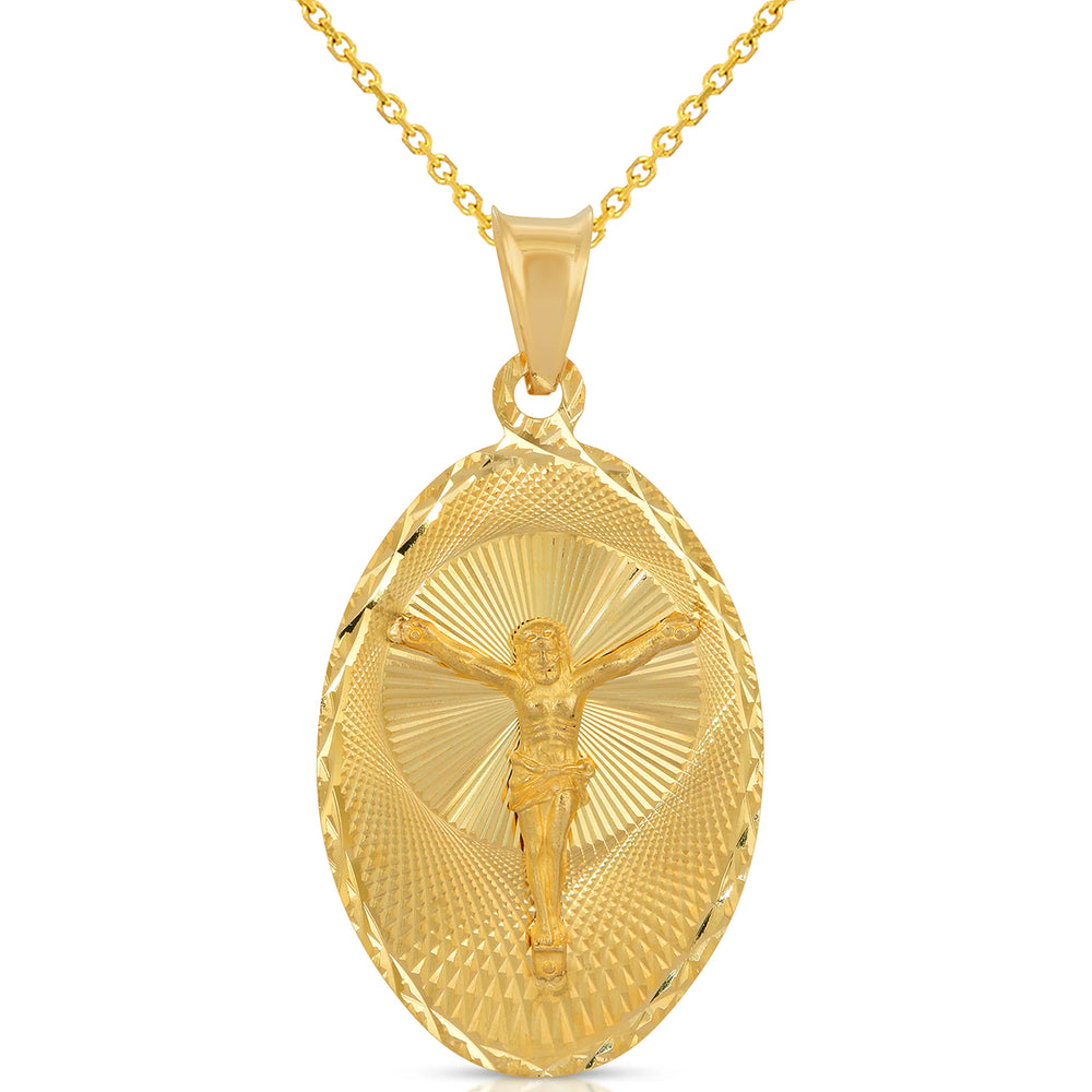 14K Gold Jesus Crucifix Oval Diamond Cut Pendant