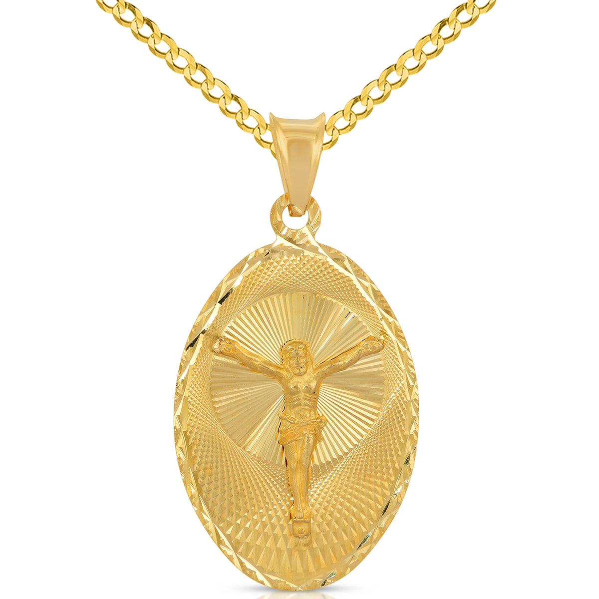 14K Gold Jesus Crucifix Oval Diamond Cut Pendant
