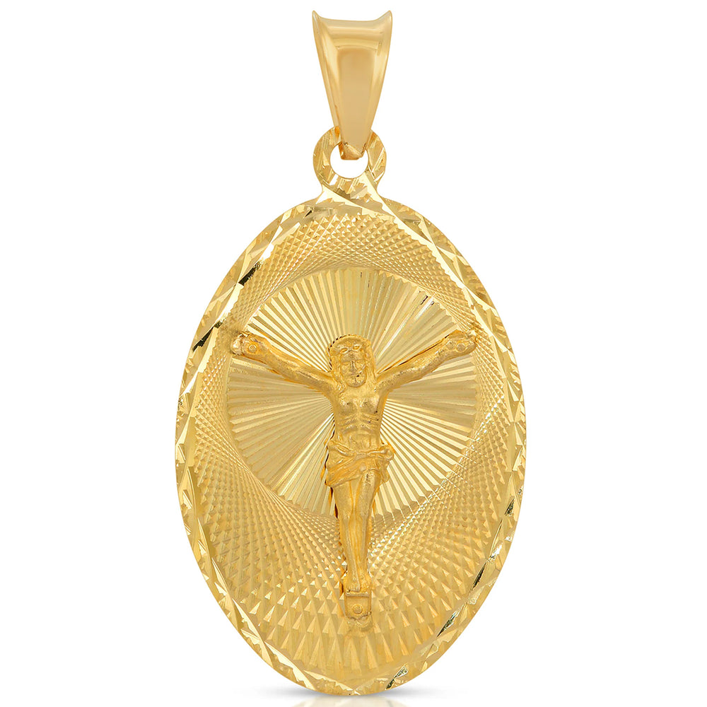 14K Gold Jesus Crucifix Oval Medal Pendant