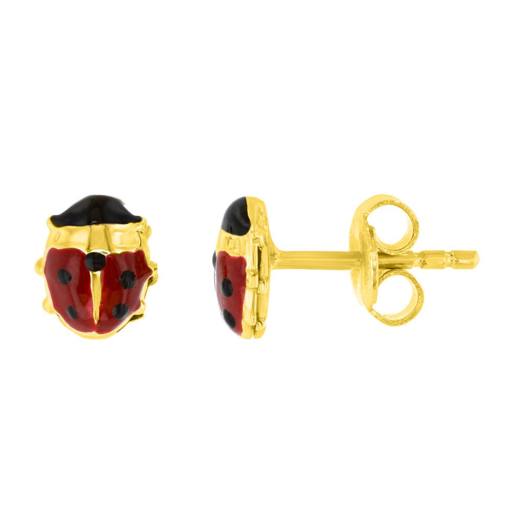 14k Gold Ladybug Stud Earrings with Red-Black Enamel