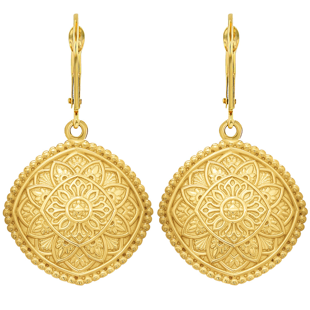 14k Gold Lotus Mandala Dangle Drop Earrings