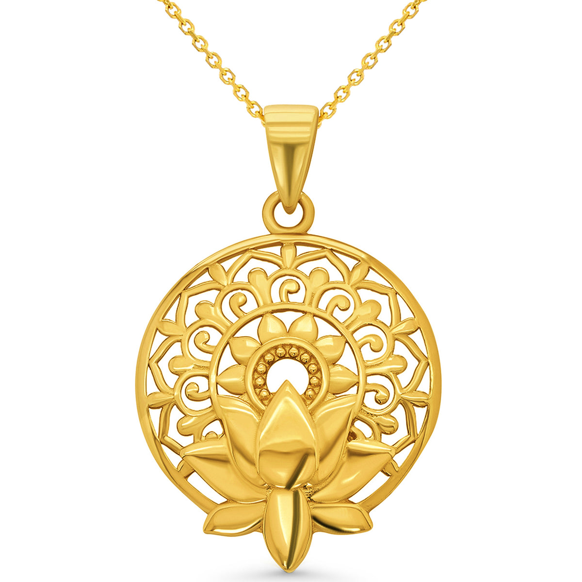 14k Gold Lotus Mandala Flower of Life Pendant Necklace Jewelry