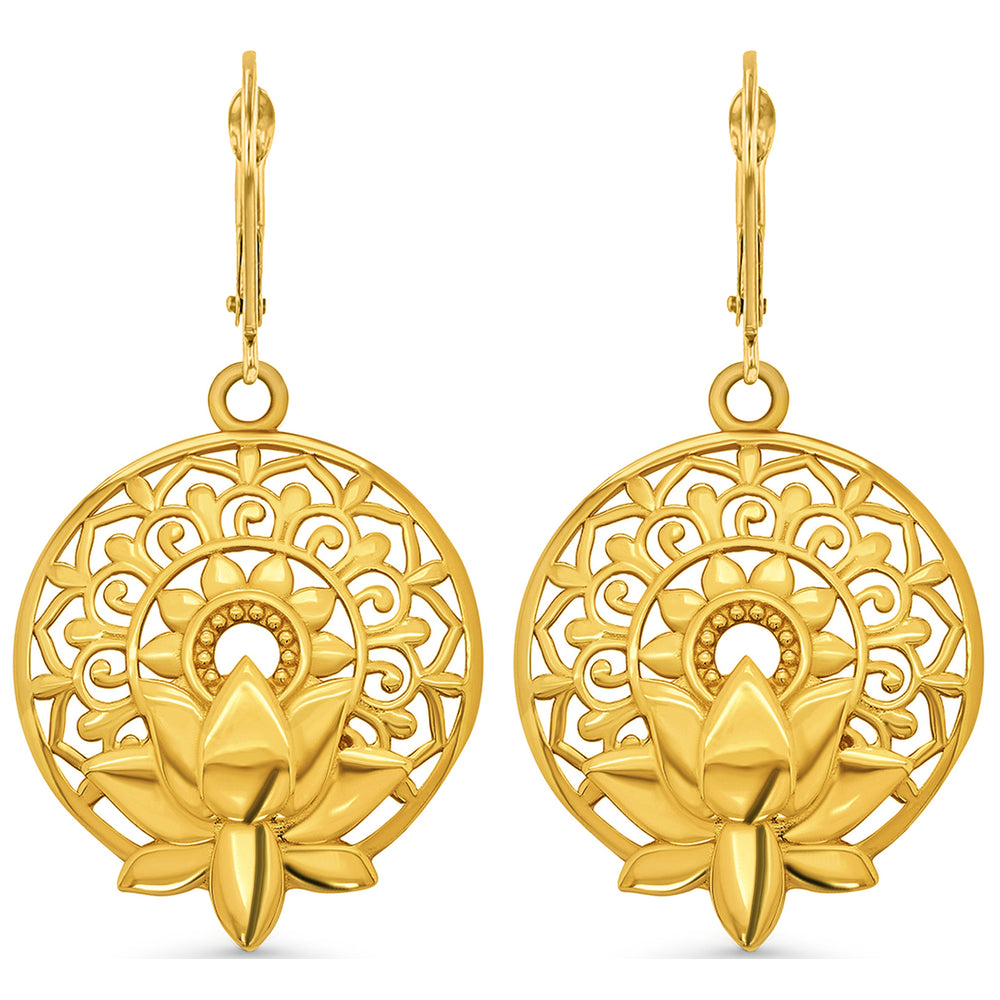 14k Gold Lotus Mandala of Life Drop Earrings