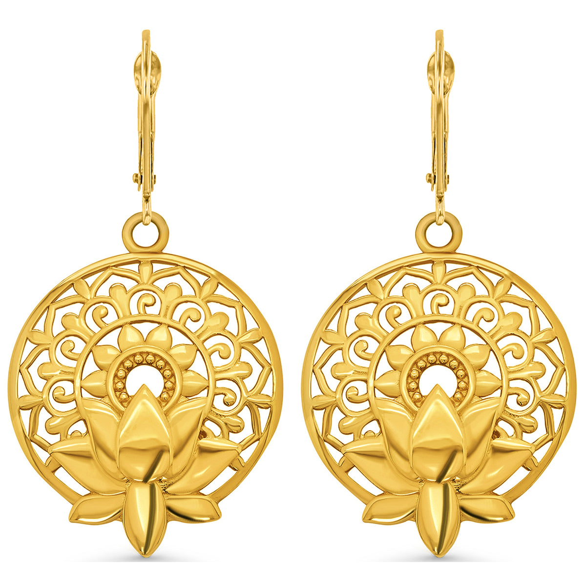 14k Gold Lotus Mandala of Life Drop Earrings