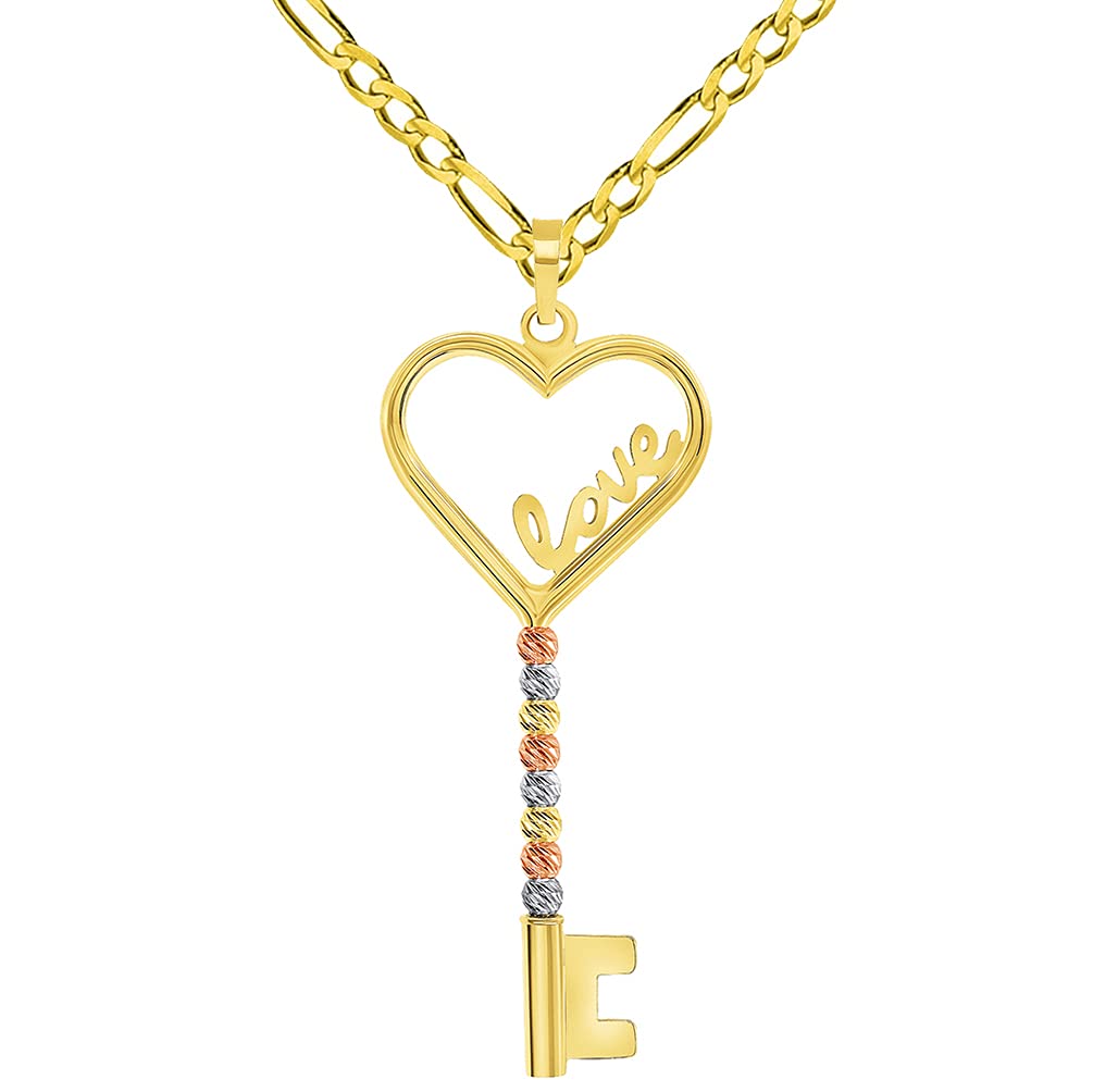 14k Gold Love Written Open Heart Key Pendant