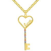 Load image into Gallery viewer, 14k Gold Love Written Open Heart Key Pendant
