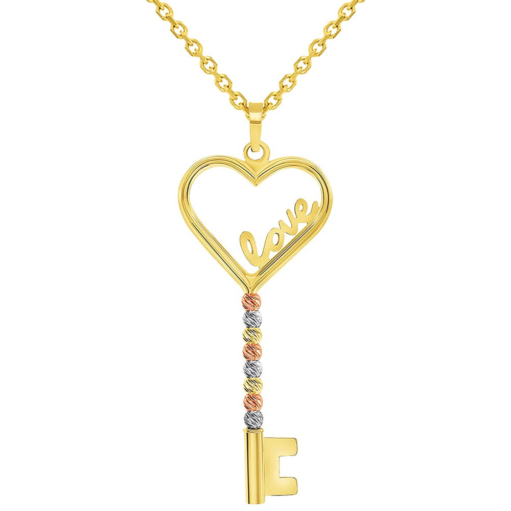 14k Gold Love Written Open Heart Key Pendant