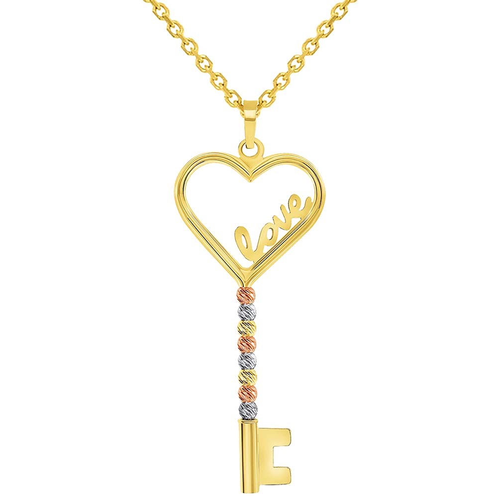 14k Gold Love Written Open Heart Key Pendant