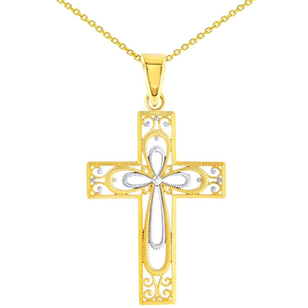 14K Gold Milgrain Filigree Cross Pendant Necklace