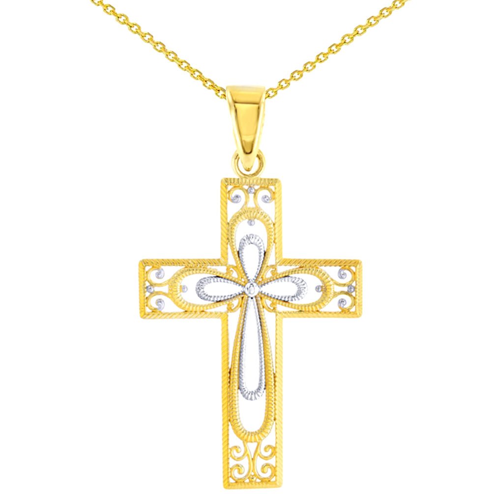 14K Gold Milgrain Filigree Cross Pendant Necklace