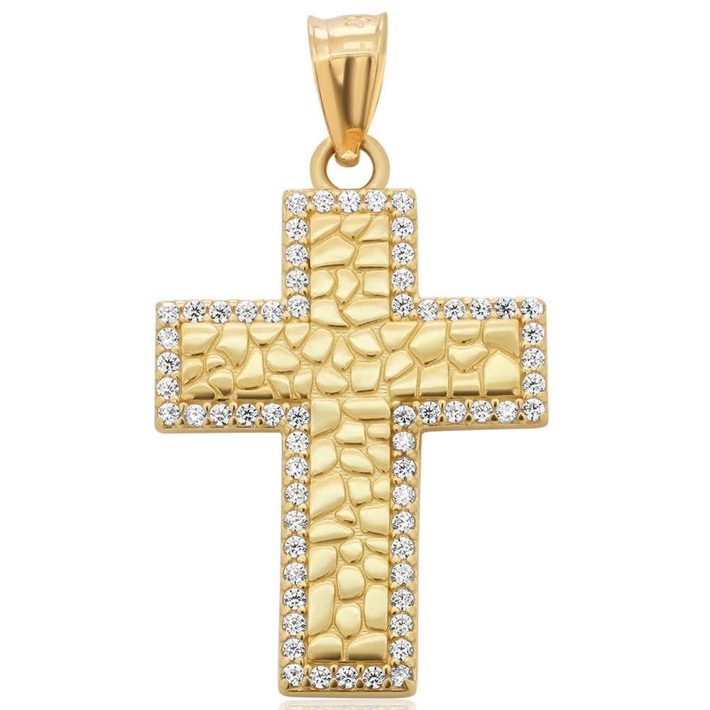 14k Gold Nugget Cross With Cubic Zirconia Stones
