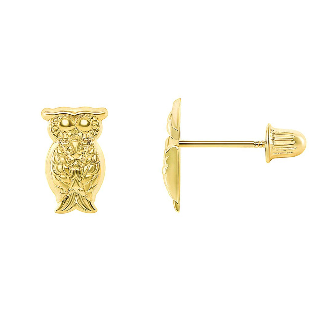 14k Gold Owl Animal Stud Earrings - Screw Back