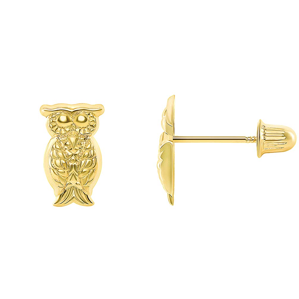 14k Gold Owl Animal Stud Earrings - Screw Back