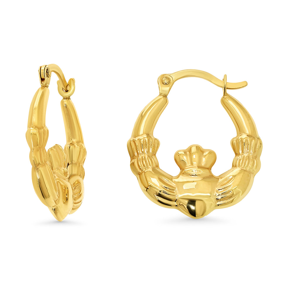 14k Gold Puffed Claddagh Hoop Earrings