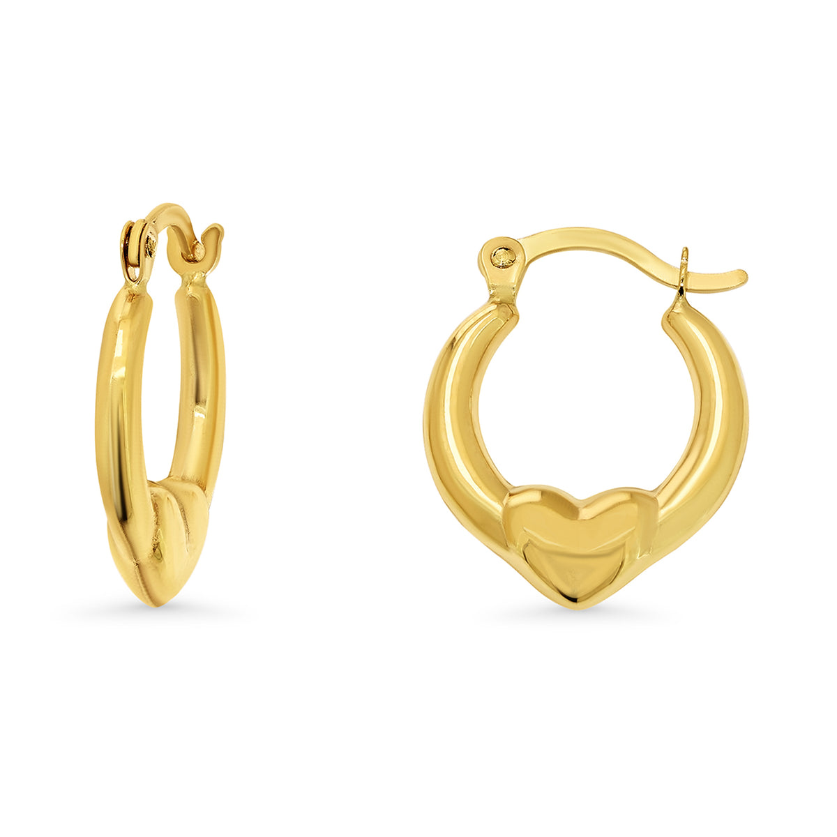 14k Gold Puffed Heart Hoop Earrings with Latch Back
