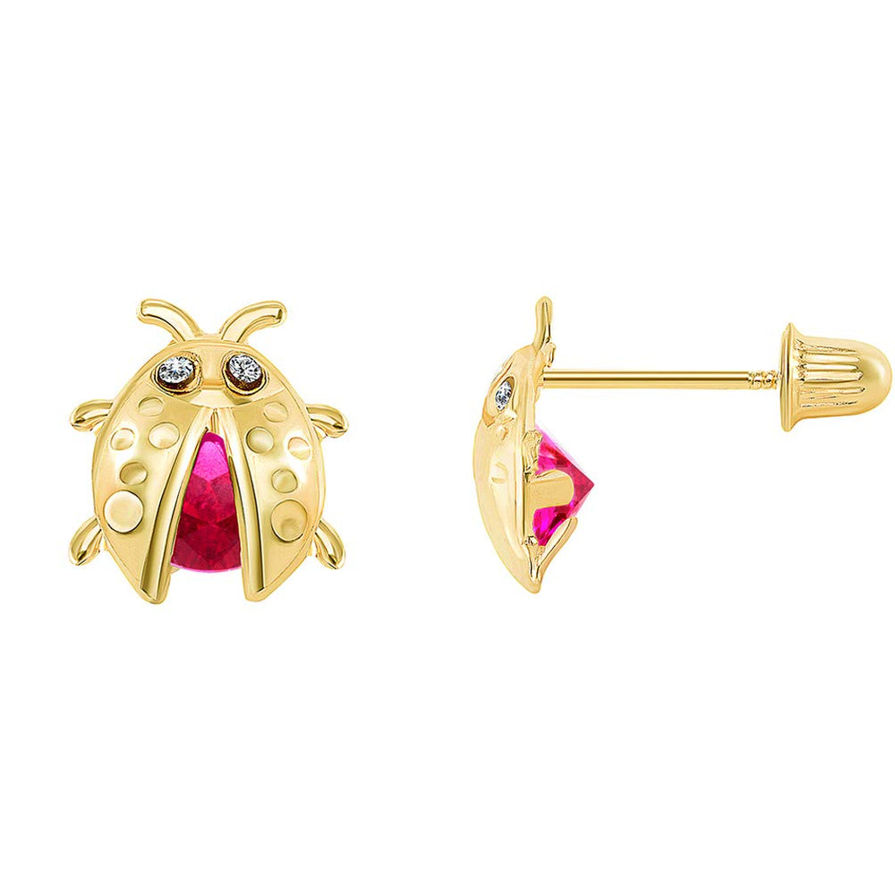 14k Gold Red-White CZ Ladybug Stud Earrings