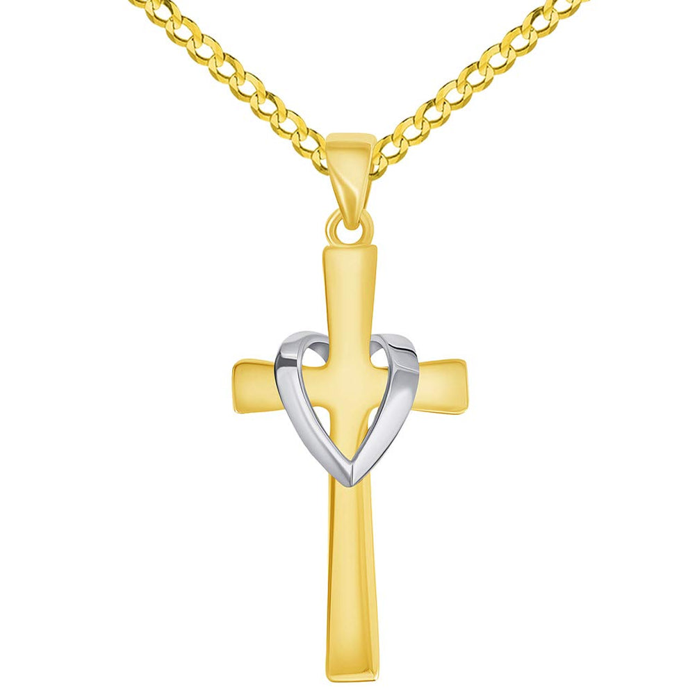 14k Gold Religious Heart Cross Pendant Necklace