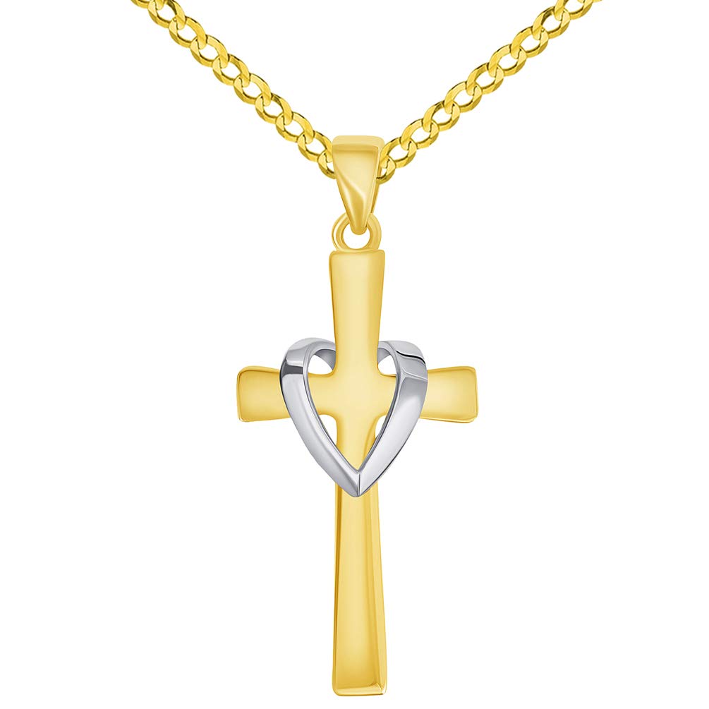 14k Gold Religious Heart Cross Pendant Necklace
