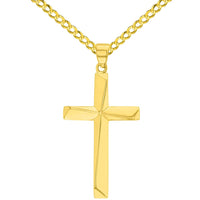 Load image into Gallery viewer, Solid 14 Karat Yellow Gold Elegant Religious Plain Cross Pendant with Cuban Chain Necklace
