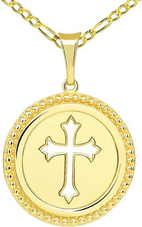 Load image into Gallery viewer, 14k Gold Reversible Cross Medallion Pendant on Figaro Chain Necklace
