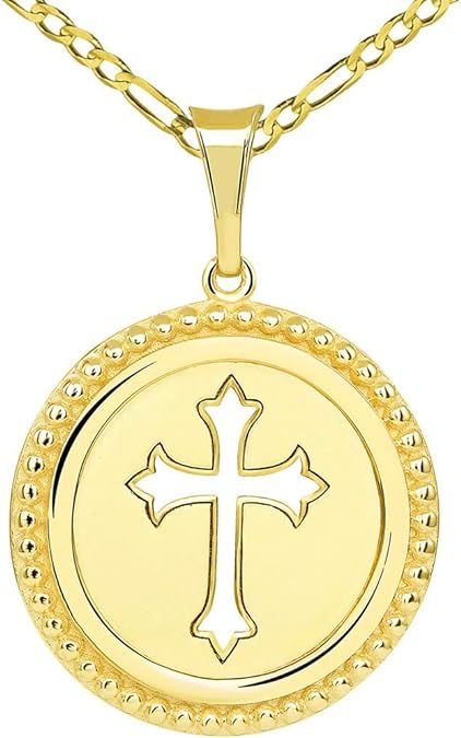 14k Gold Reversible Cross Medallion Pendant on Figaro Chain Necklace