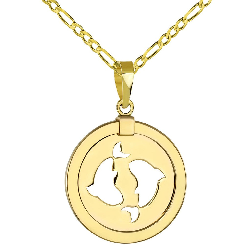 14K Gold Reversible Round Pisces Zodiac Pendant Necklace