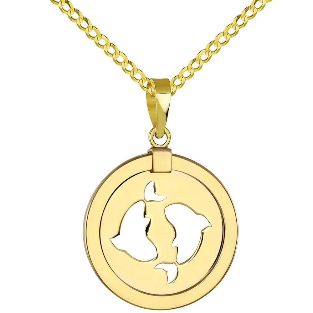 14K Gold Reversible Round Pisces Zodiac Pendant