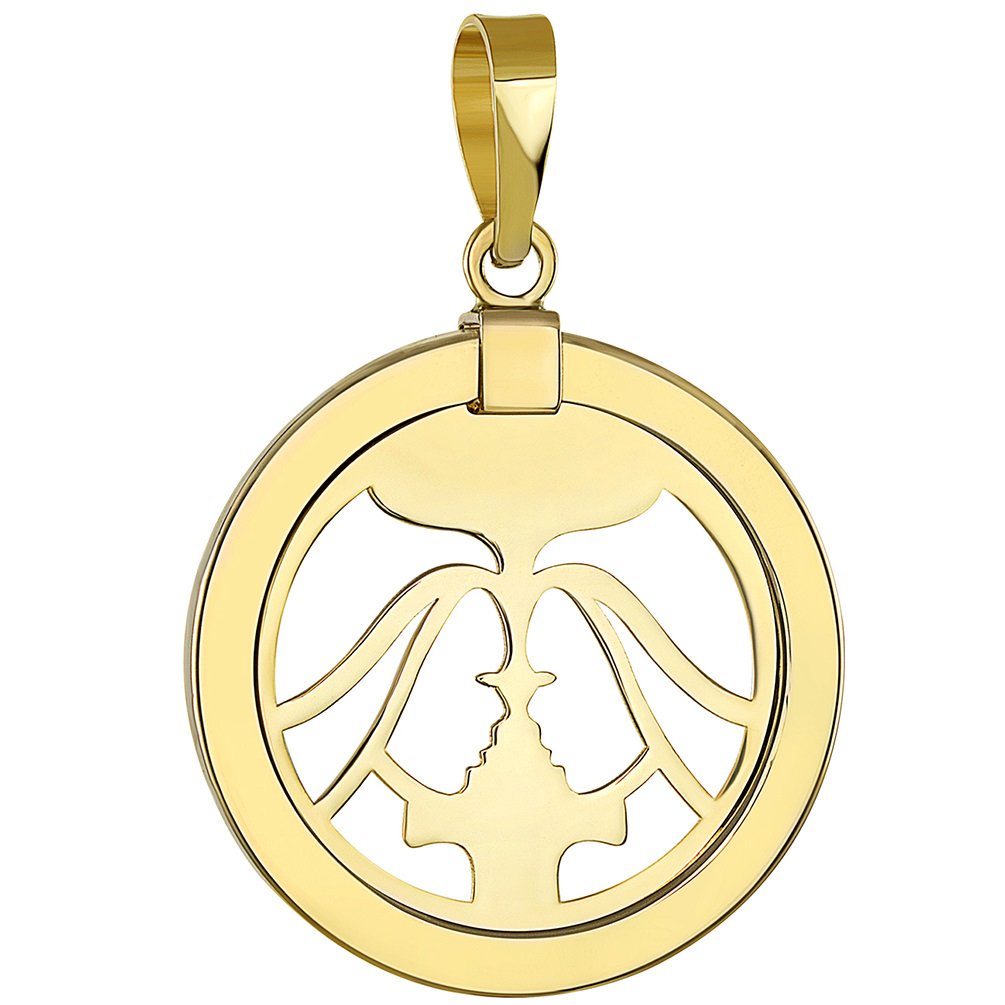 14K Gold Round Gemini Twins Zodiac Sign Pendant