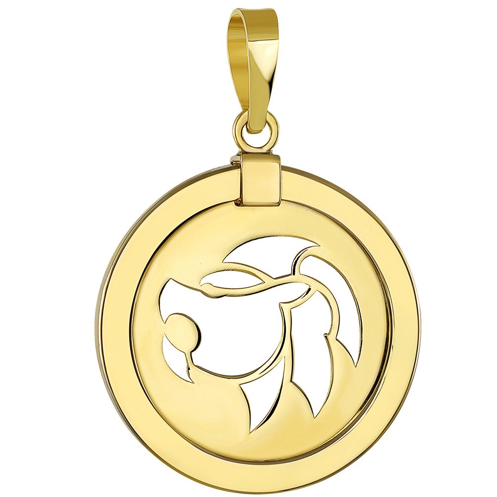 14K Gold Round Lion Leo Zodiac Sign Pendant