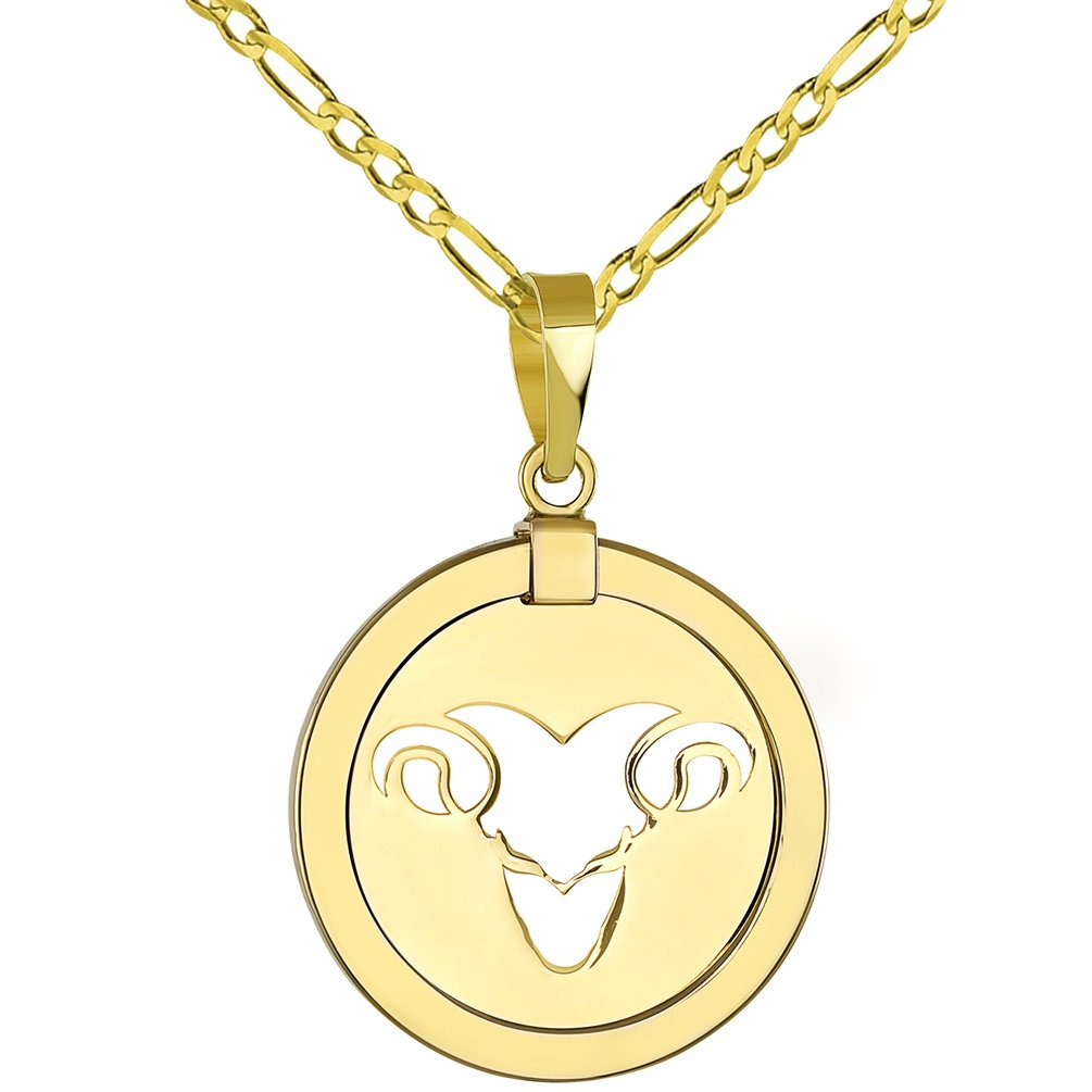 14K Gold Round Ram Aries Zodiac Sign Pendant Necklace
