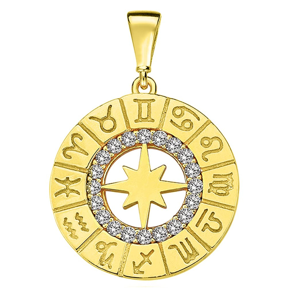 14k Gold Round Zodiac Compass Calendar Pendant