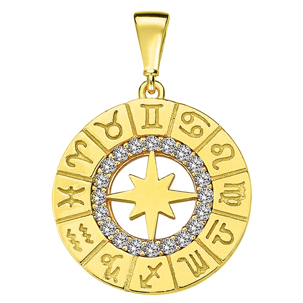 14k Gold Round Zodiac Compass Calendar Pendant