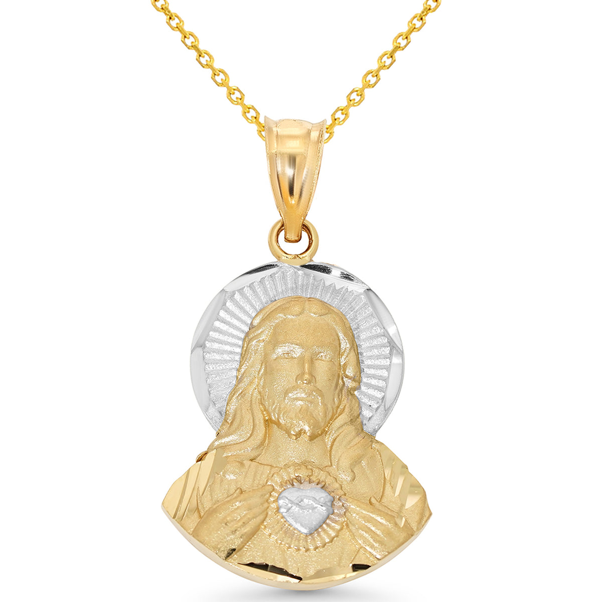 14k Gold Sacred Heart of Jesus Pendant with Rolo Chain Necklace