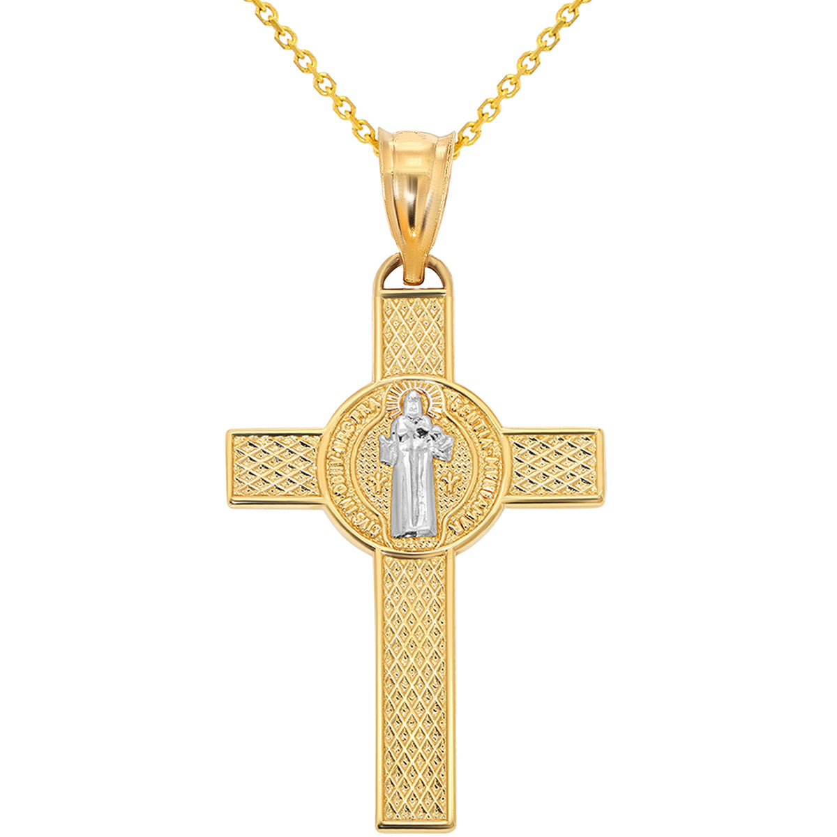 14k Gold Saint Benedict Cross Pendant with Rolo Chain Necklace