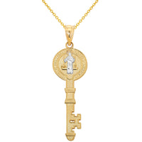 Load image into Gallery viewer, 14k Gold Saint Benedict Key Pendant with Rolo Chain Necklace
