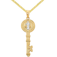 Load image into Gallery viewer, 14k Gold Saint Benedict Key Pendant with Curb Cable Chain Necklace
