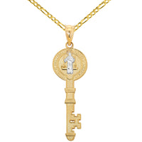 Load image into Gallery viewer, 14k Gold Saint Benedict Key Pendant with Figaro Chain Necklace
