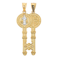 Load image into Gallery viewer, Front and Back Side of 14k Gold Saint Benedict Key Pendant
