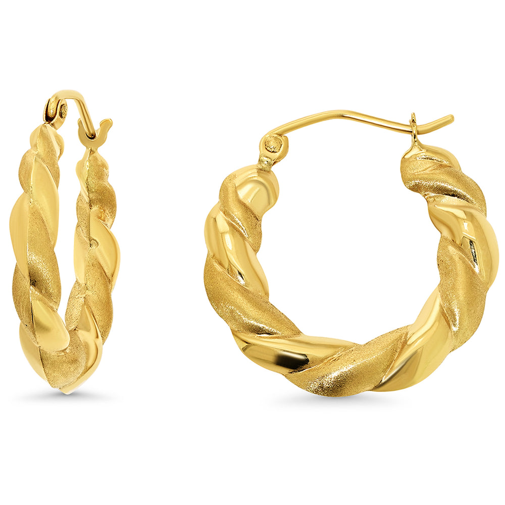 14k Gold Satin Puffed Twisted Hoop Earrings