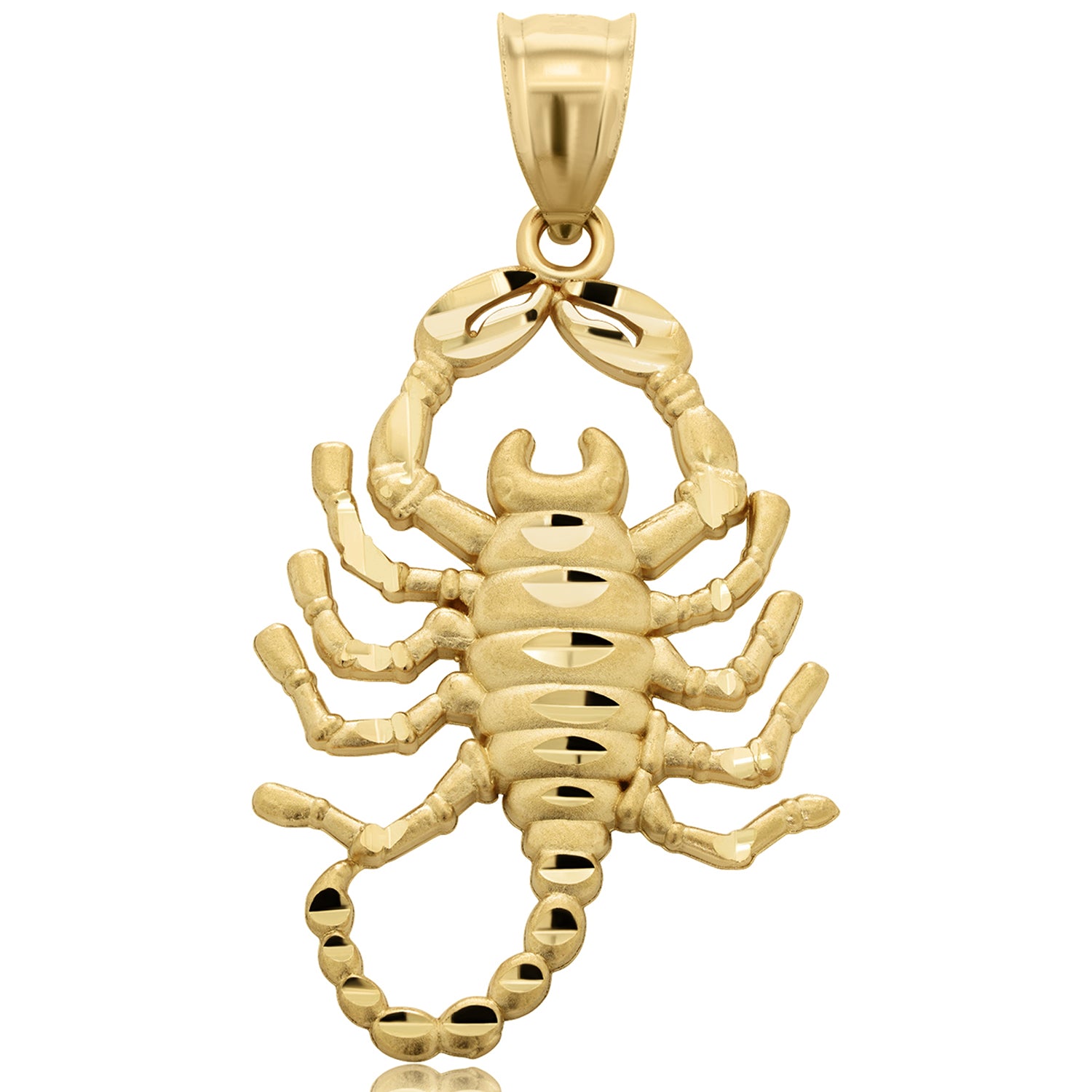 Solid 14k Yellow Gold Textured Scorpion Scorpio Zodiac Pendant with Satin and Diamond Cut 1.3 Inches Height