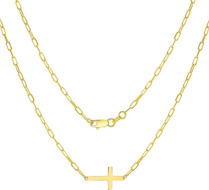 14k Gold Sideways Cross Paperclip Necklace