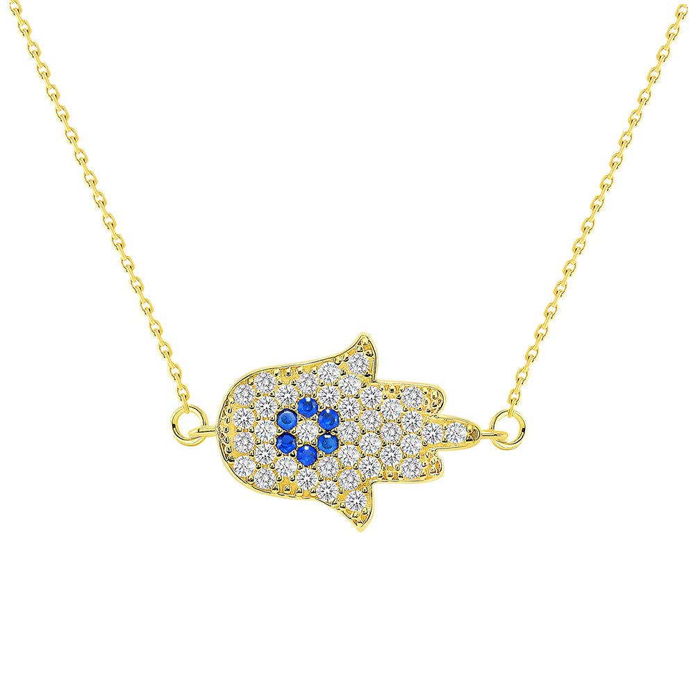 14k Gold Cubic Zirconia Sideways Hamsa Hand Evil Eye Necklace