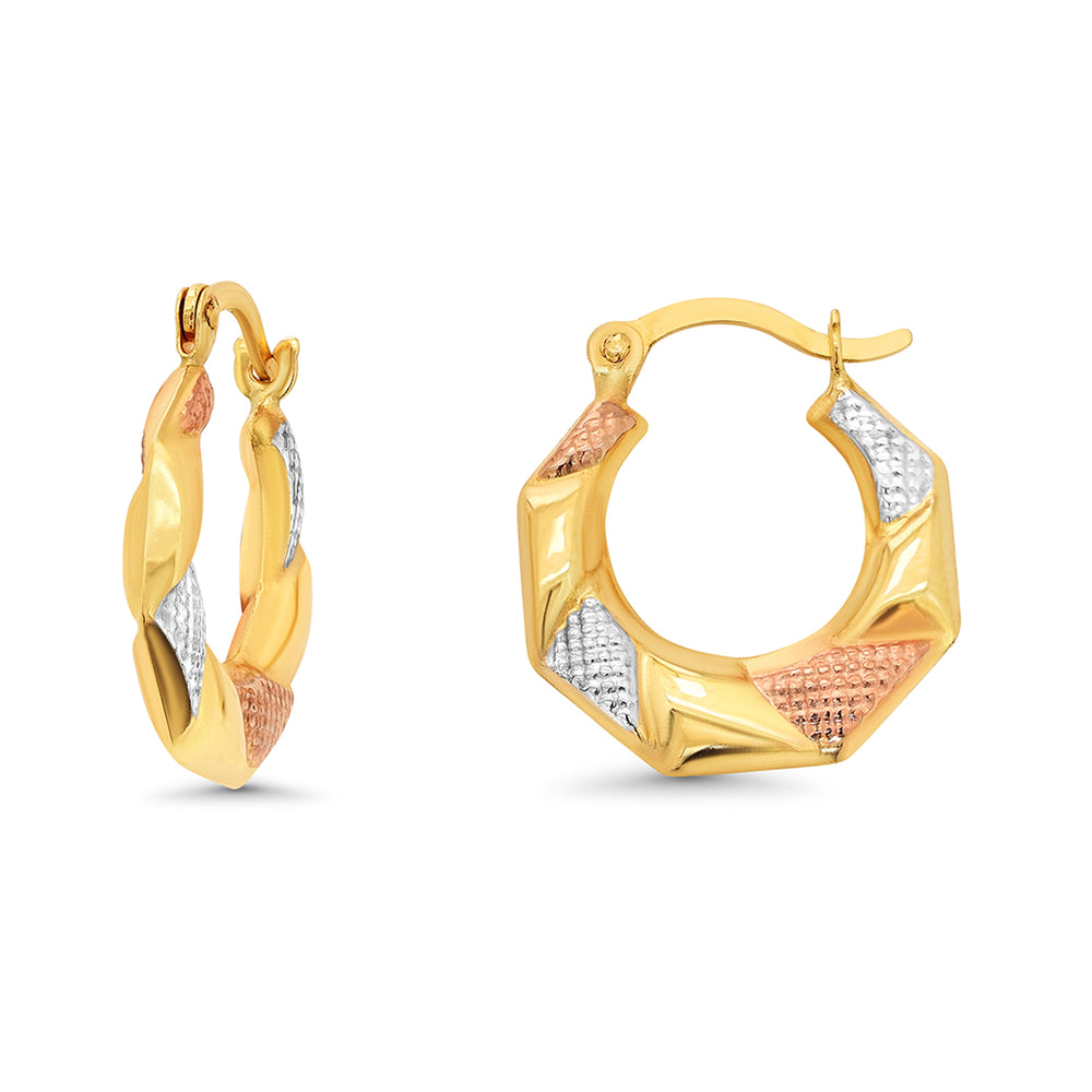14k Gold Small Hexagon Tri-Tone Hoop Earrings