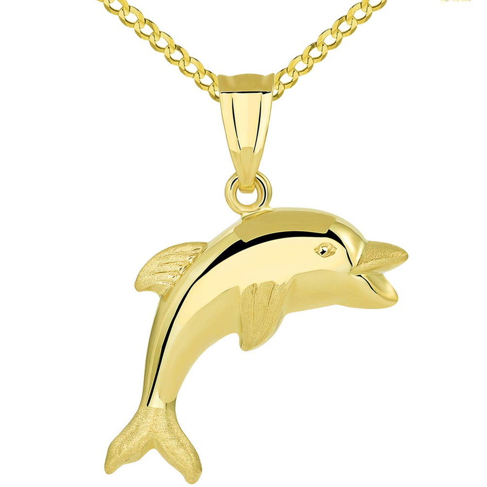 14k Gold Smiling and Jumping 3D Dolphin Pendant