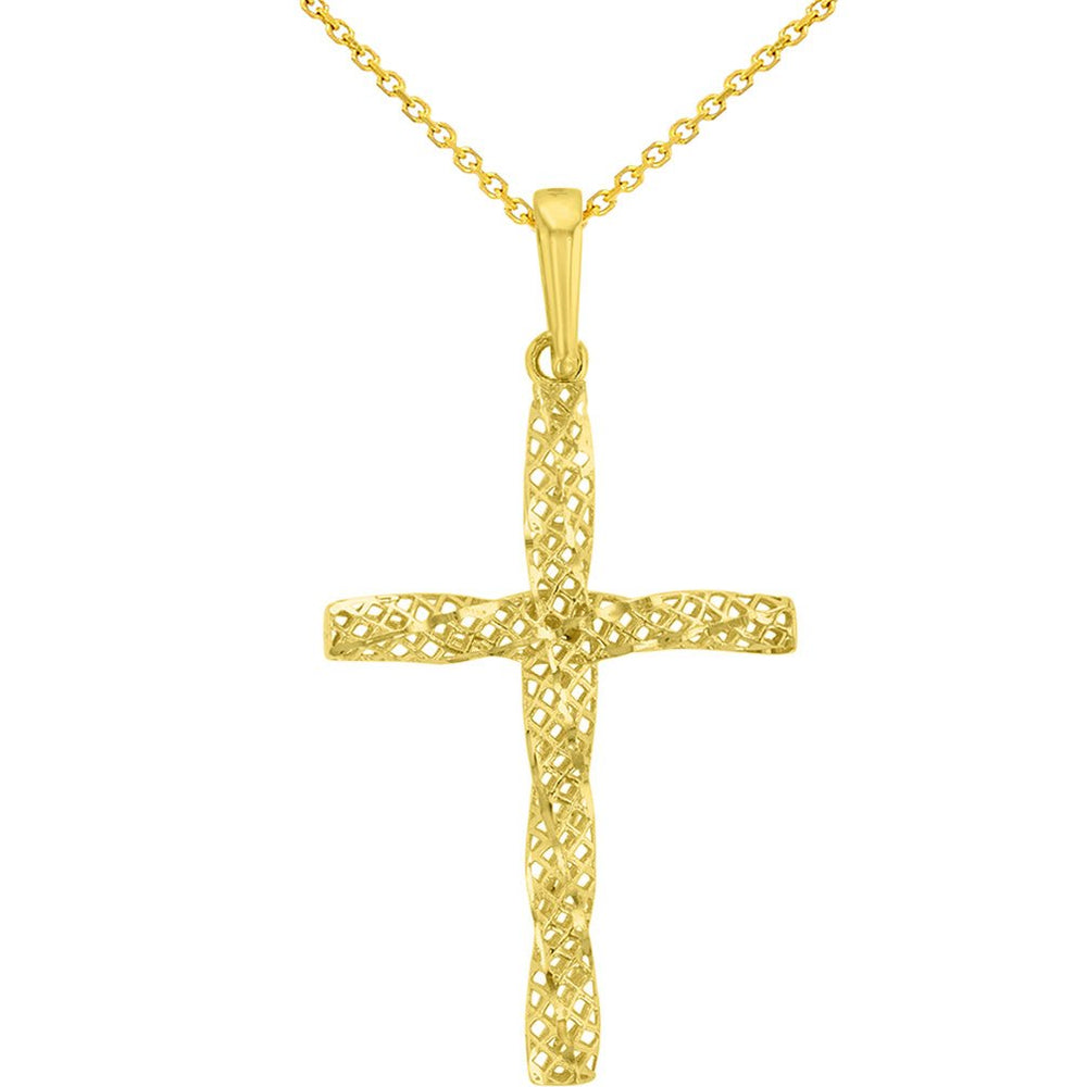 14K Gold Spiral Tube Cross Pendant Necklace