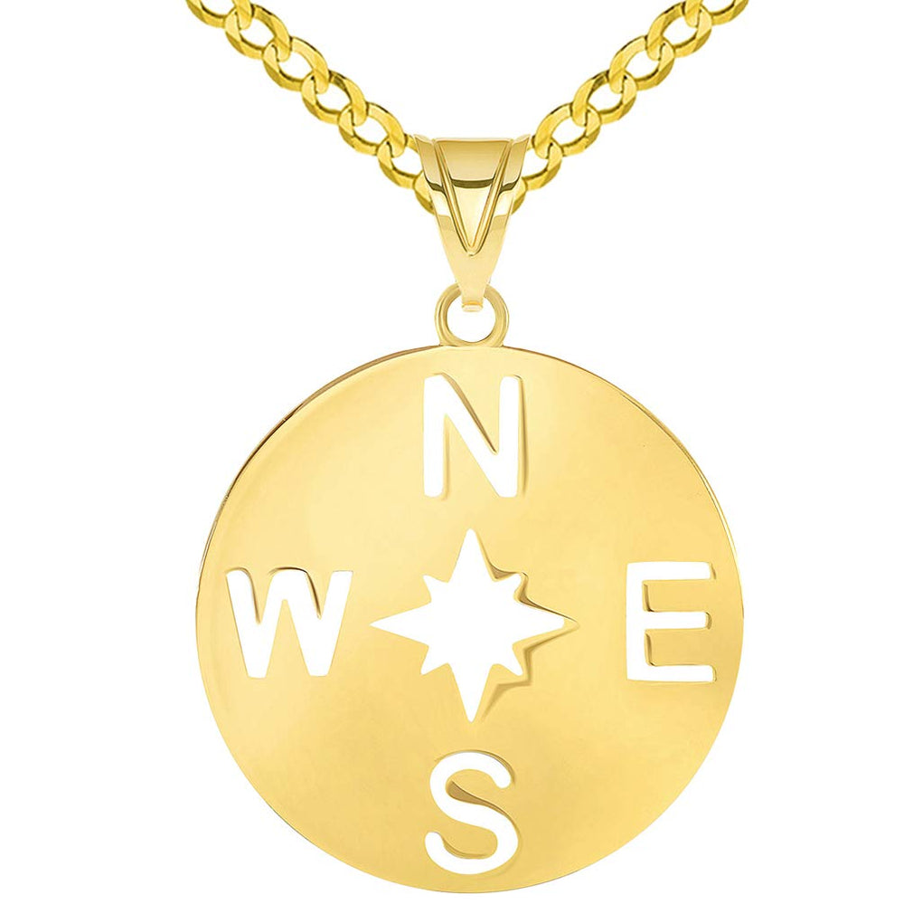 14k Gold Star Compass Rose Pendant Curb Necklace