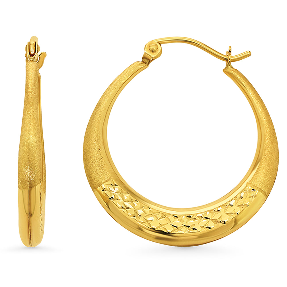 14k Gold Textured Graduated Puff Hoop Earrings with Hinged Back