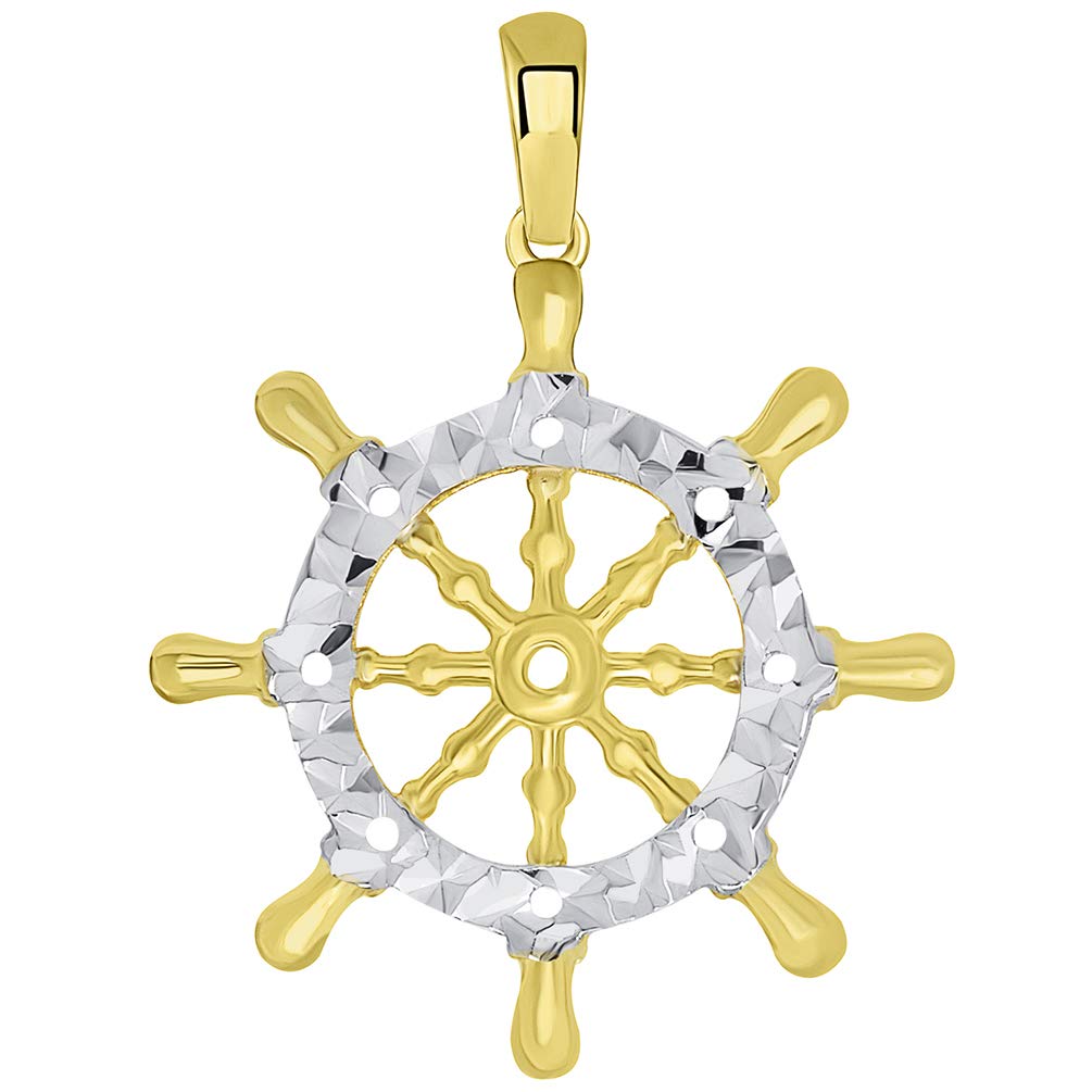 14k Gold Textured Two Tone Ships Wheel Pendant