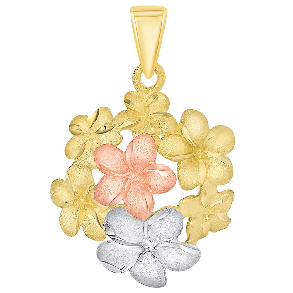 11mm Solid 14k Tri-Color Gold Hawaiian Plumeria Flower Charm Pendant – No Stone