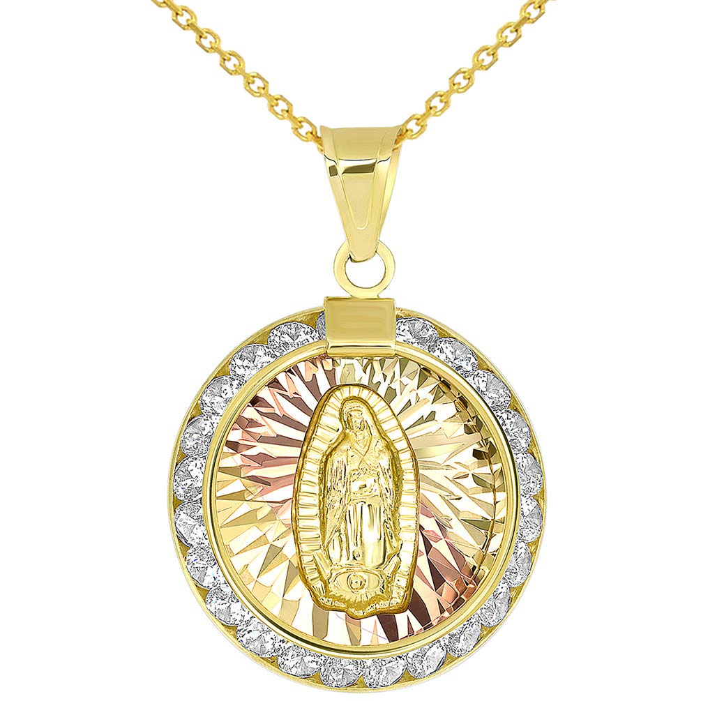 14K Gold Tri-Tone Round CZ Medallion Necklace